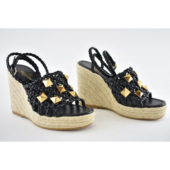 Valentino Rockstud Roman Stud Black Leather Espadrille Wedge Lace Up Sandal 37.5 - Picture 3 of 10